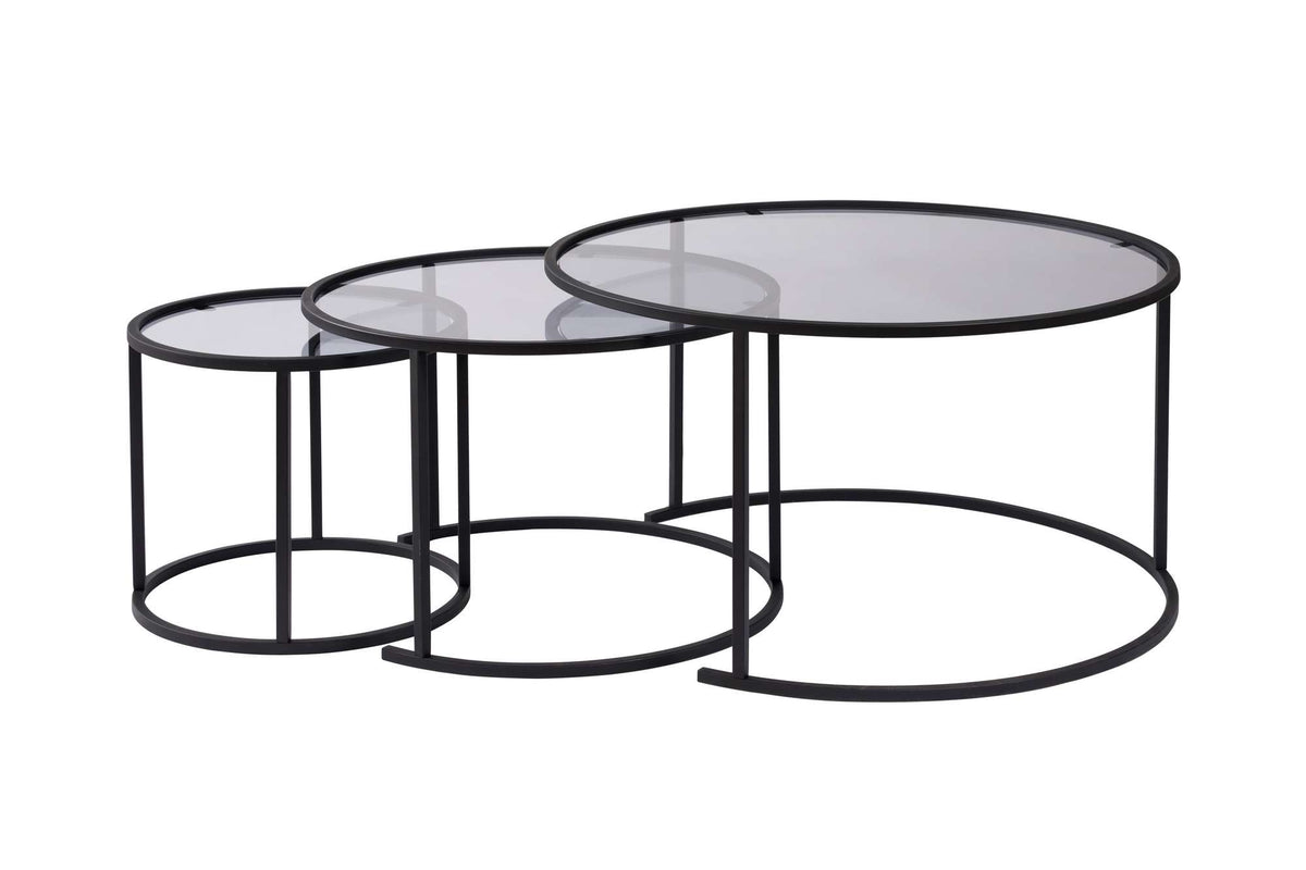 Coffee Tables - Modern Coffee Table Set of 3 Uru Black - Gray Glass - 80/60/42 cm - Dimehouse