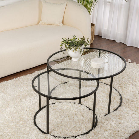 Coffee Tables - Modern Round Coffee Table Set of 2 Uru Black - Transparent Glass - 80/60 cm - Dimehouse