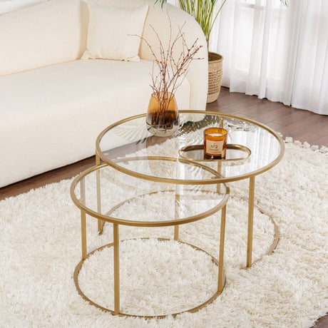 Coffee Tables - Modern Round Coffee Table Set of 2 Uru Gold - Transparent Glass - 80/60 cm - Dimehouse