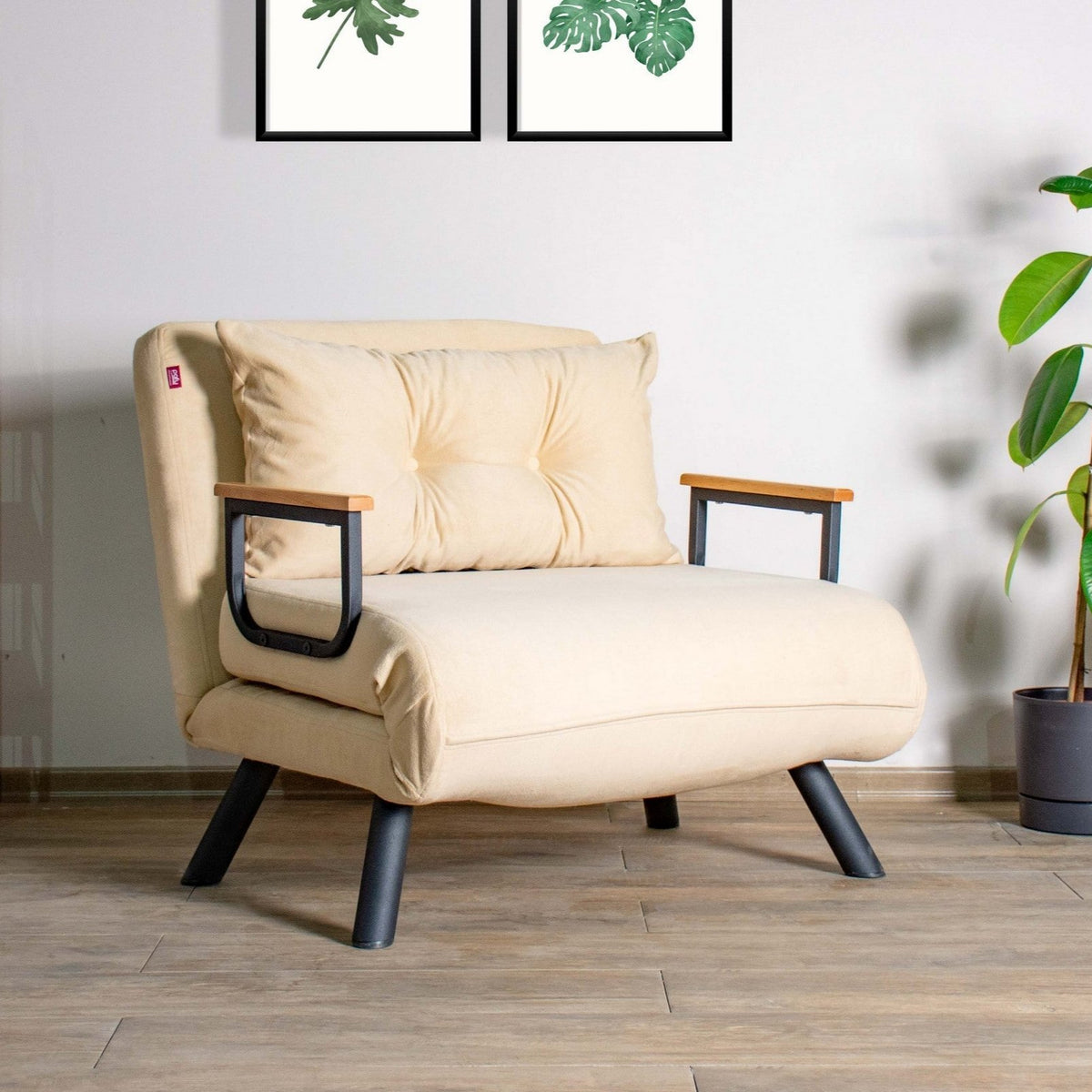 Armchairs - Scandinavian sleeping armchair Cream fabric linen look Sando - Dimehouse