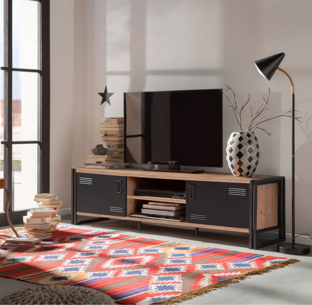 TV Furniture - TV Furniture Cosmo Atlantic Pine Black Melamine 180x50x45 cm - Dimehouse