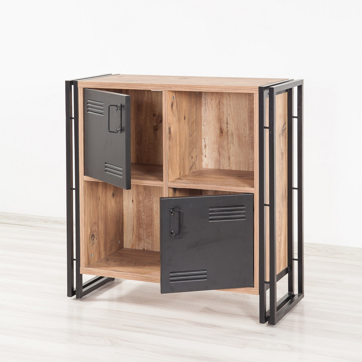 Bookcases - Industrial sideboard pine wood melamine black metal Cosmo 89x89x35 cm - Dimehouse