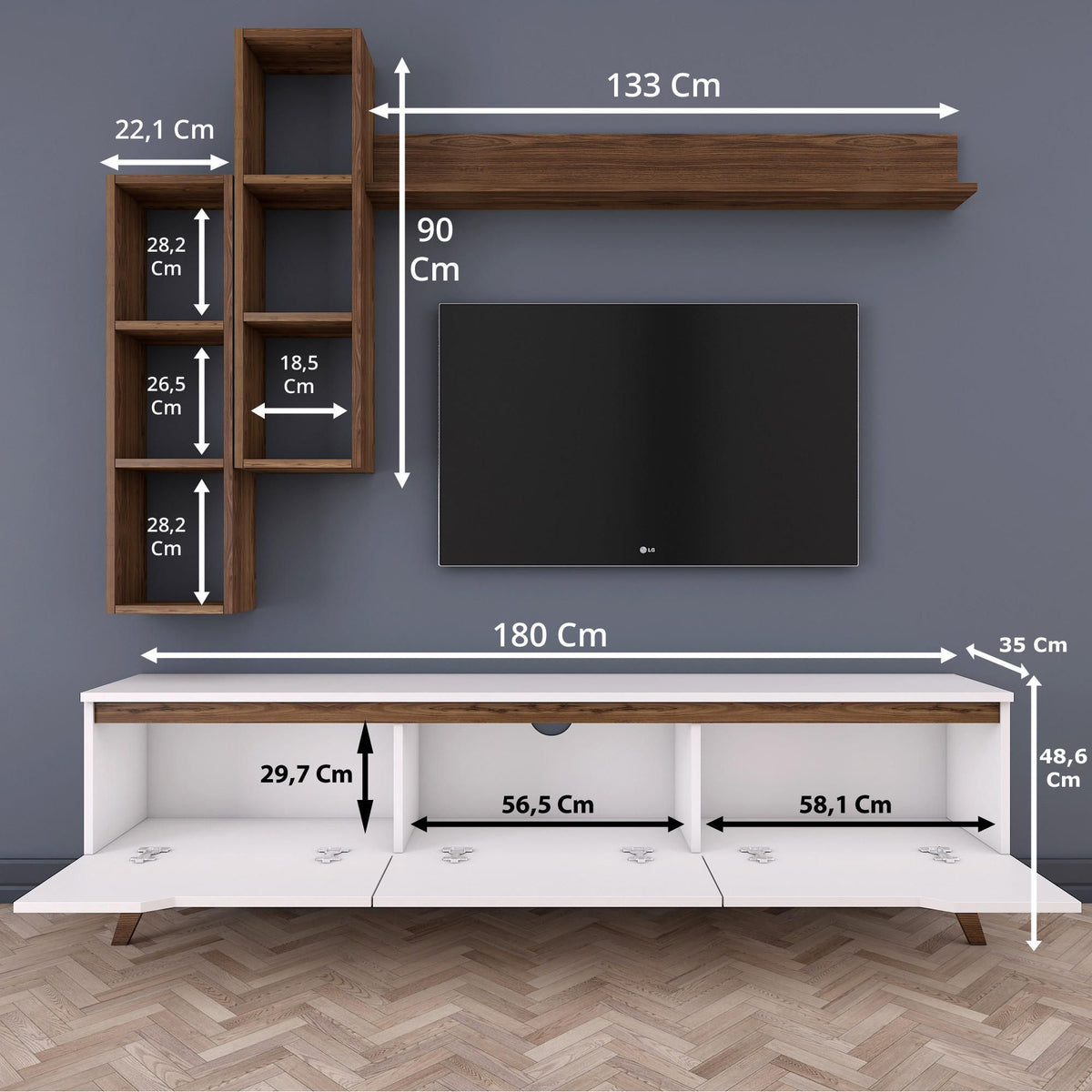 TV Furniture - TV Furniture Set Iona White Dark Walnut Melamine 180x48.6x35 cm - Dimehouse