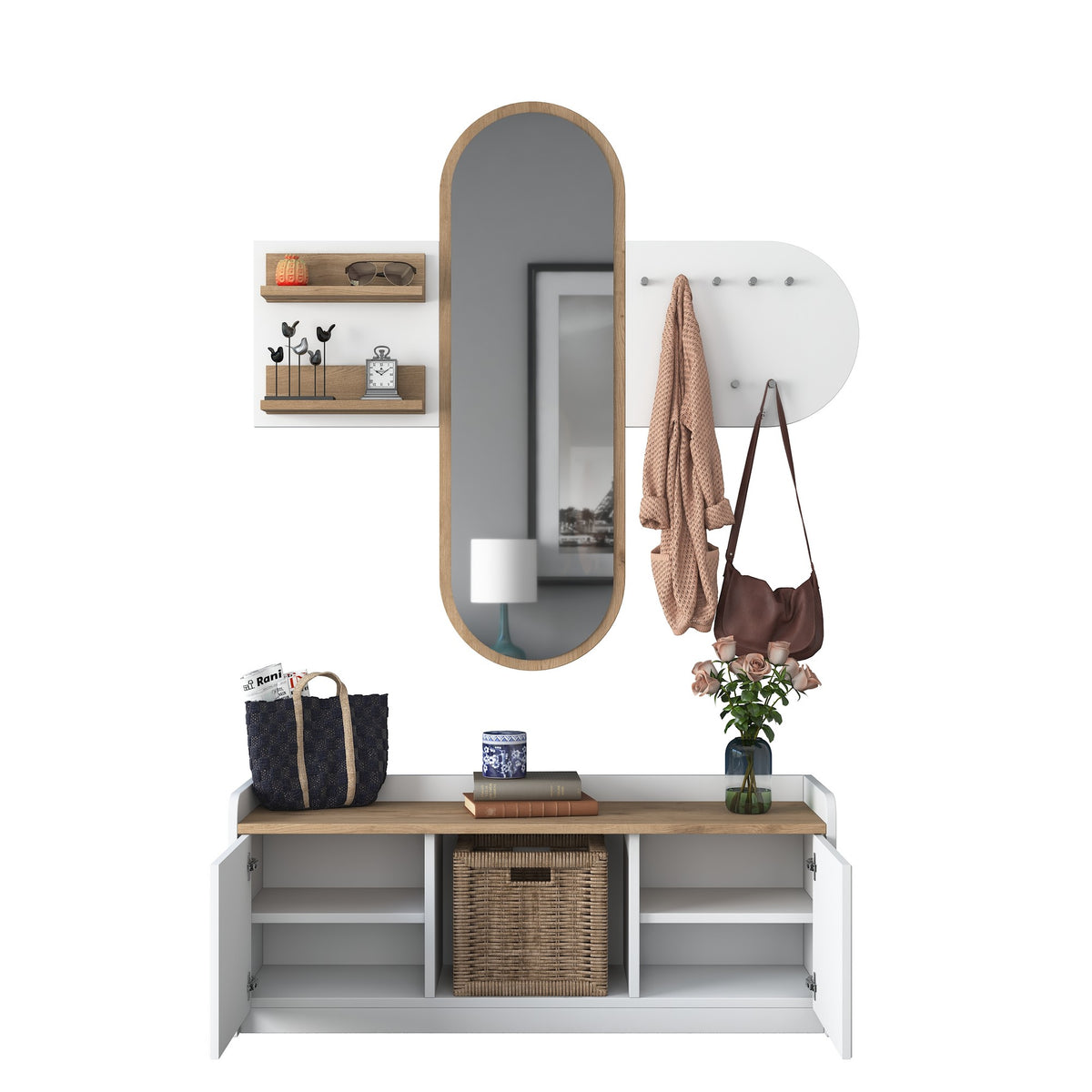Furniture sets - Furniture set Coat rack - Mirror - Shoe cabinet - White - Walnut Melamine - Hally - Dimehouse