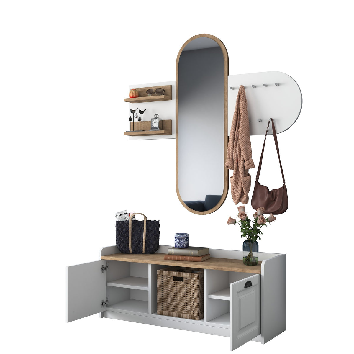Furniture sets - Furniture set Coat rack - Mirror - Shoe cabinet - White - Walnut Melamine - Hally - Dimehouse
