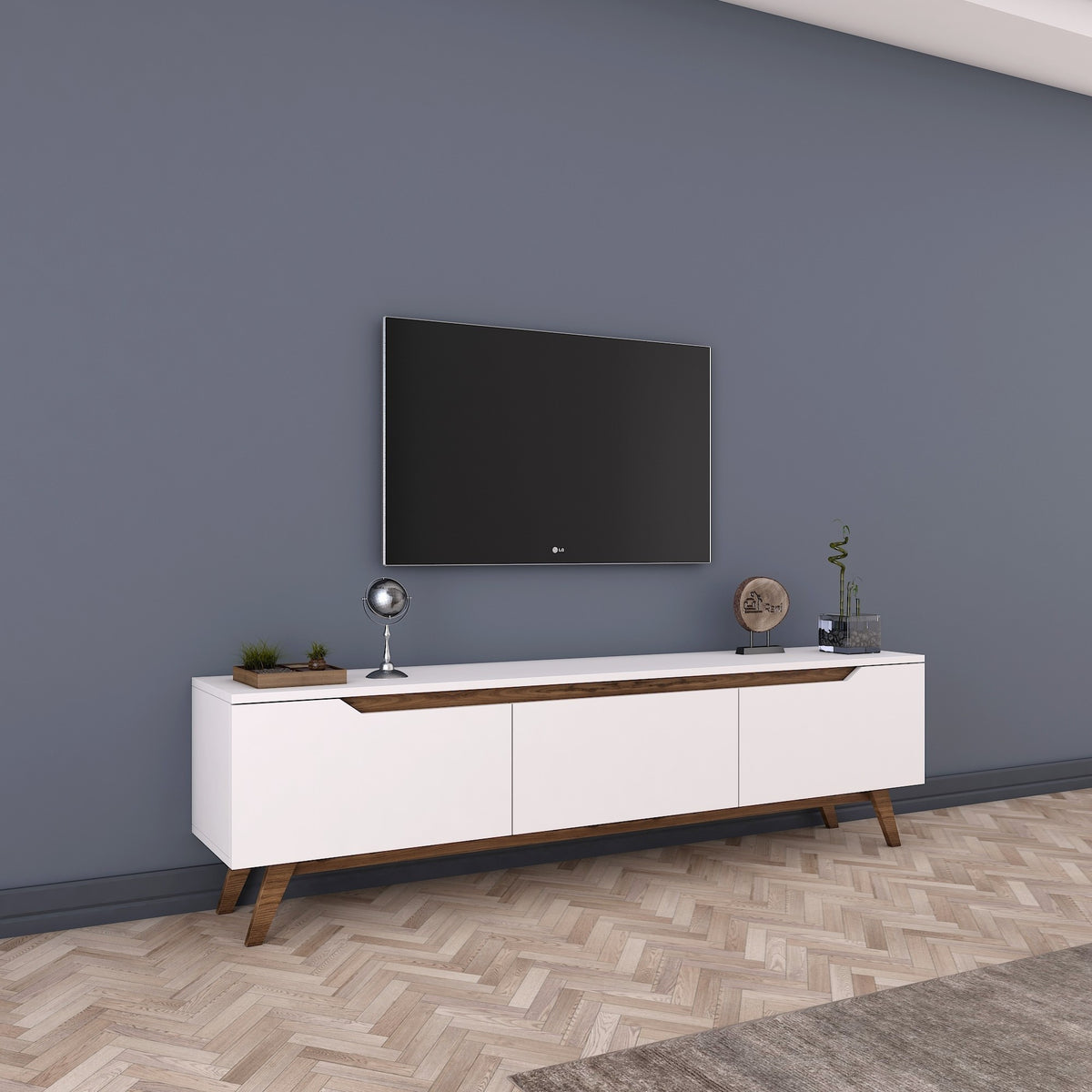 TV Furniture - TV Furniture Osiris White Dark Walnut Melamine 180x48.6x35 cm - Dimehouse