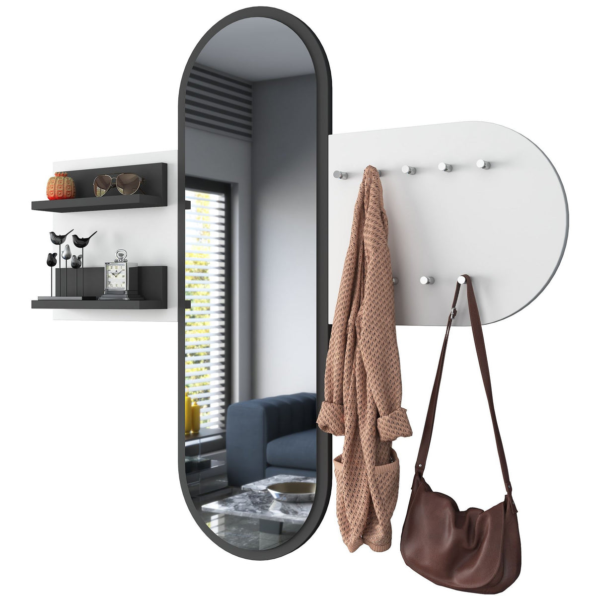 Coat Racks - Coat Rack White Melamine 9 - Angled - With Mirror - Two Shelves - Hally - Dimehouse