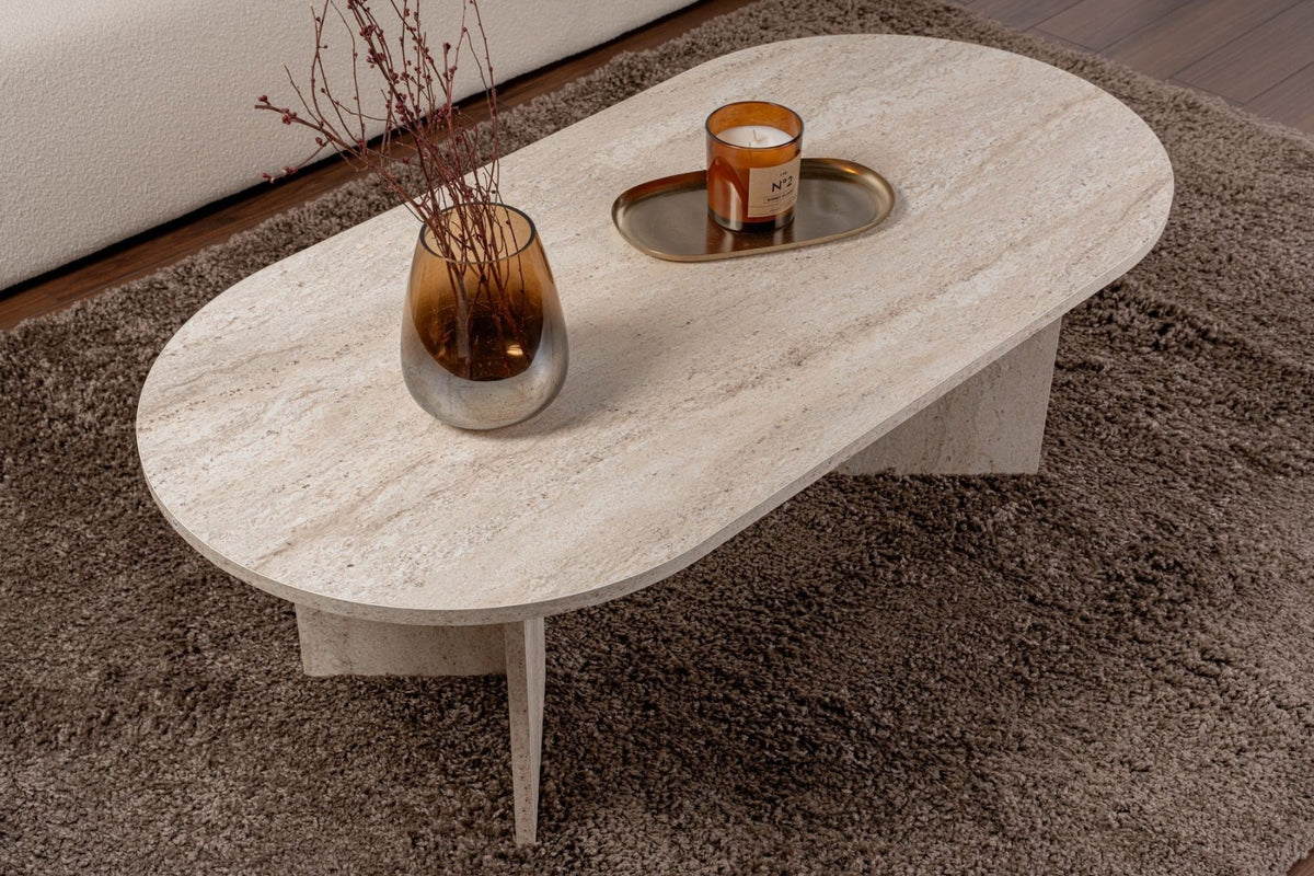 Coffee tables - Oval coffee table travertine melamine - Japandi - 119x60 cm - Sota - Dimehouse