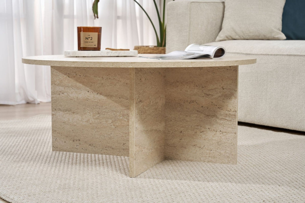 Coffee tables - Round coffee table Travertine melamine - 90x90x40 cm - Dakota - Dimehouse