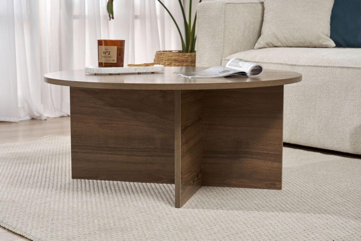 Coffee tables - Round coffee table Walnut melamine - 90x90x40 cm - Dakota - Dimehouse