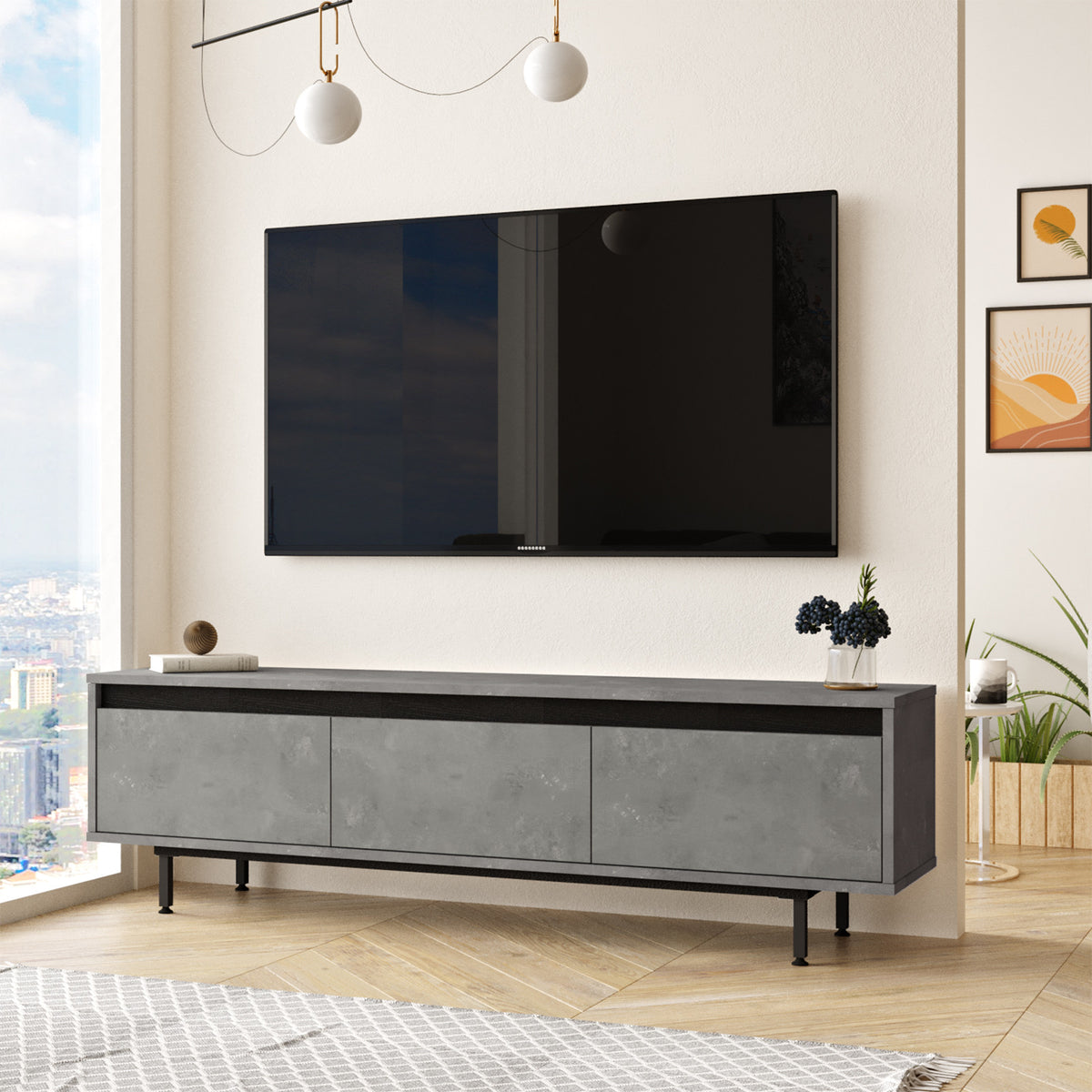 TV Furniture - TV Furniture Maya Silver Black Melamine 160x45.2x35.5 cm - Dimehouse