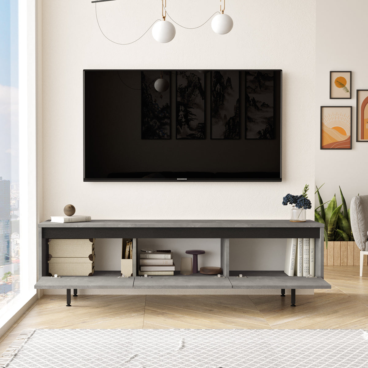 TV Furniture - TV Furniture Maya Silver Black Melamine 160x45.2x35.5 cm - Dimehouse