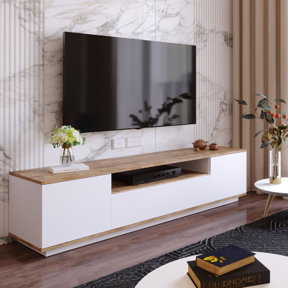 TV Furniture - TV Furniture Salerno Atlantic Pine White Melamine 180x44.6x44.5 cm - Dimehouse