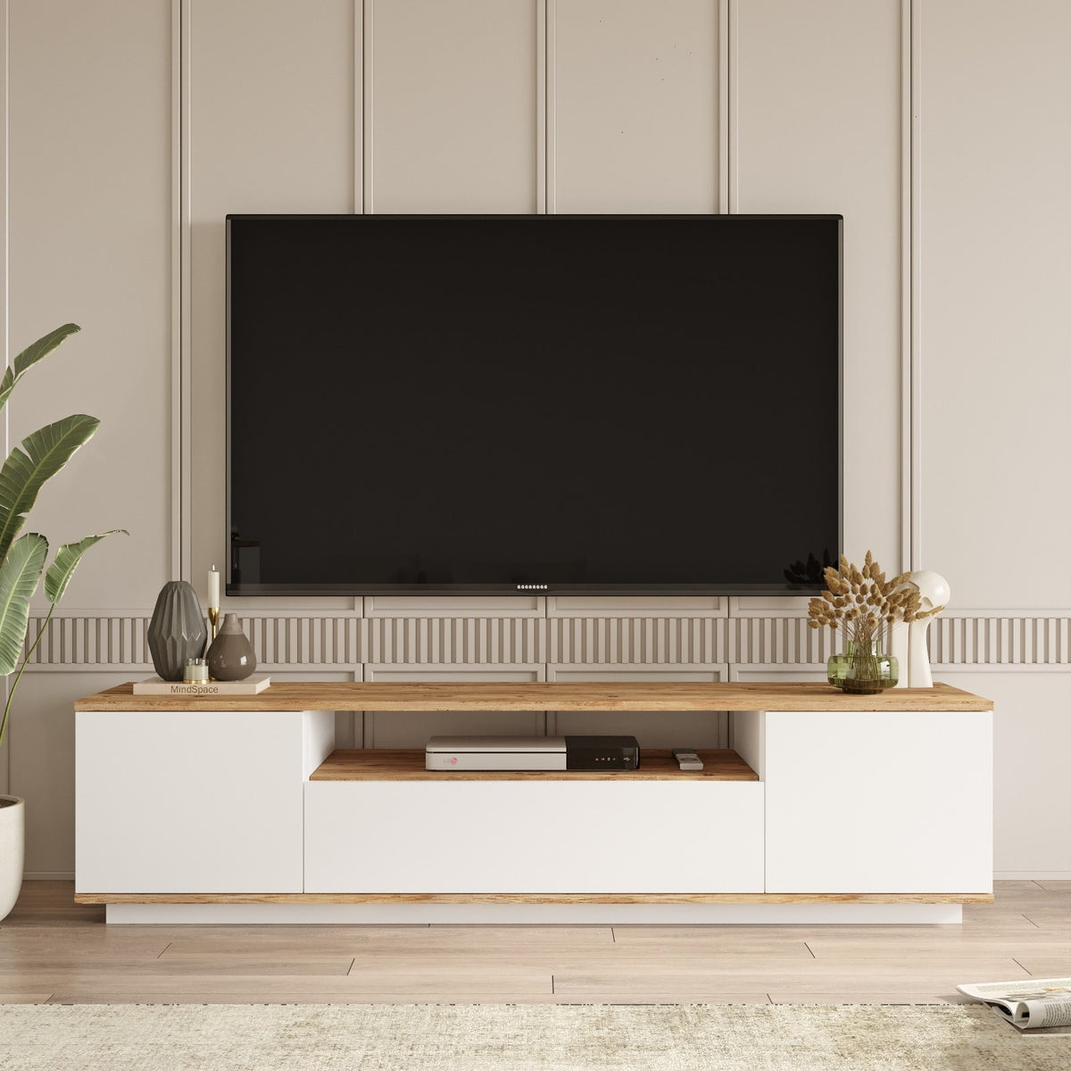 TV Furniture - TV Furniture Salerno Atlantic Pine White Melamine 180x44.6x44.5 cm - Dimehouse