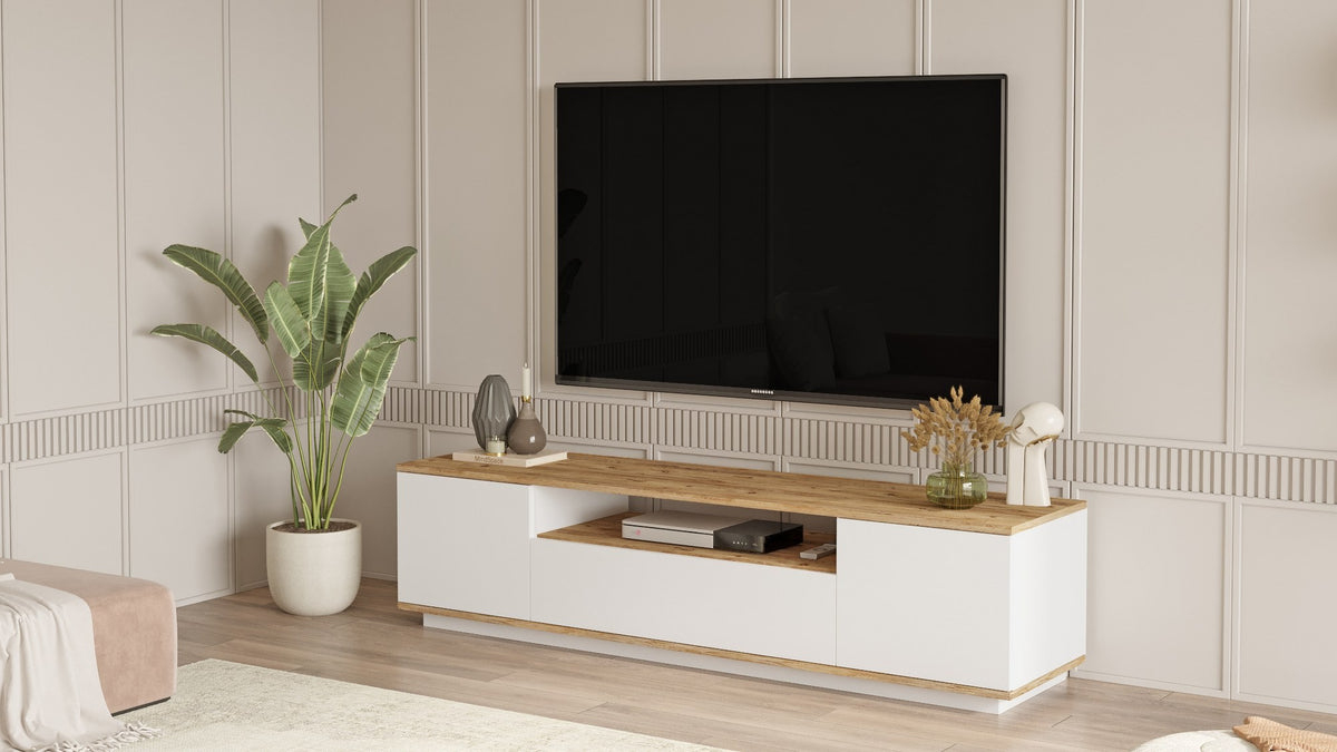 TV Furniture - TV Furniture Salerno Atlantic Pine White Melamine 180x44.6x44.5 cm - Dimehouse