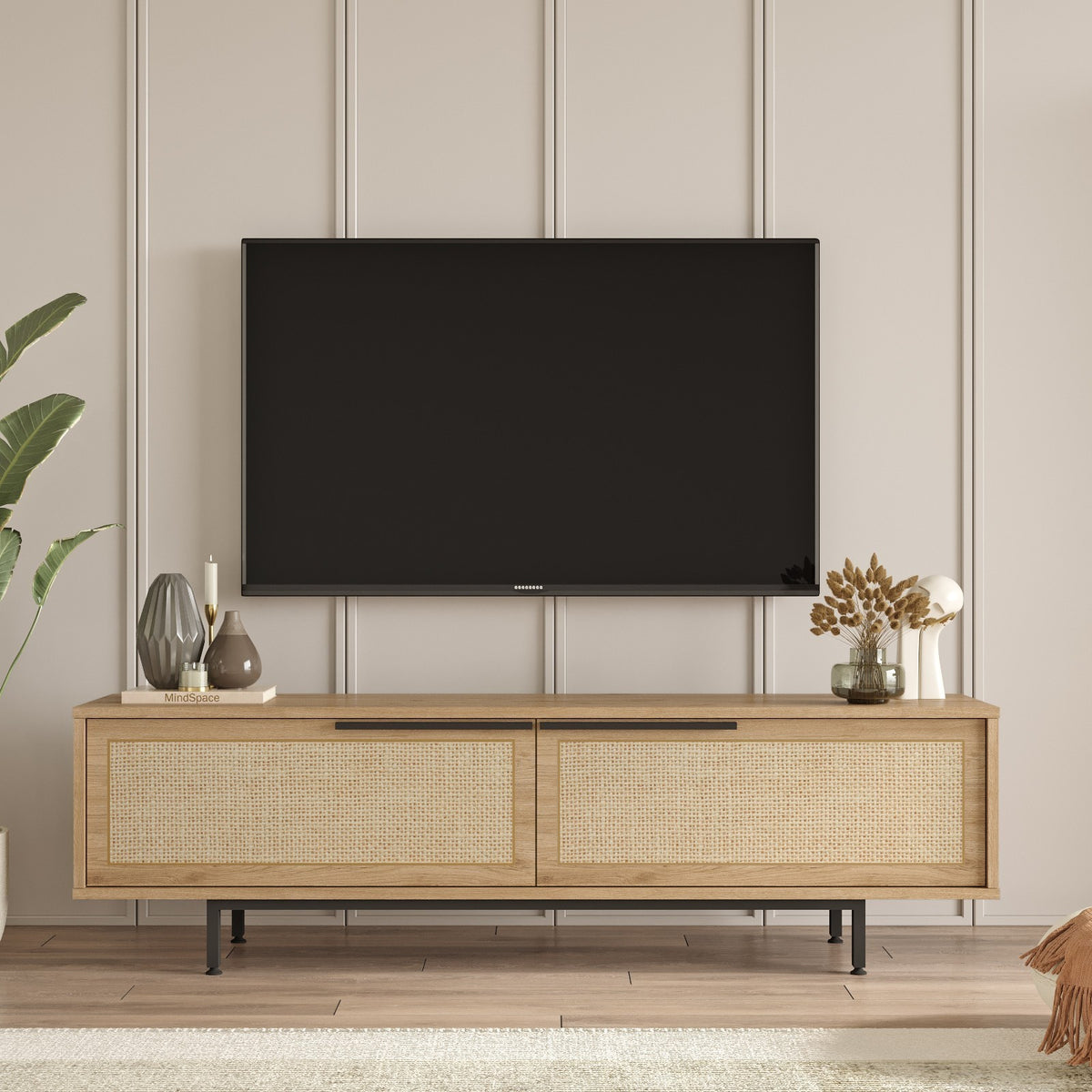 TV Furniture - TV Furniture Japandi Cosmos Walnut Oak Melamine 160x45.1x35.5 cm - Dimehouse
