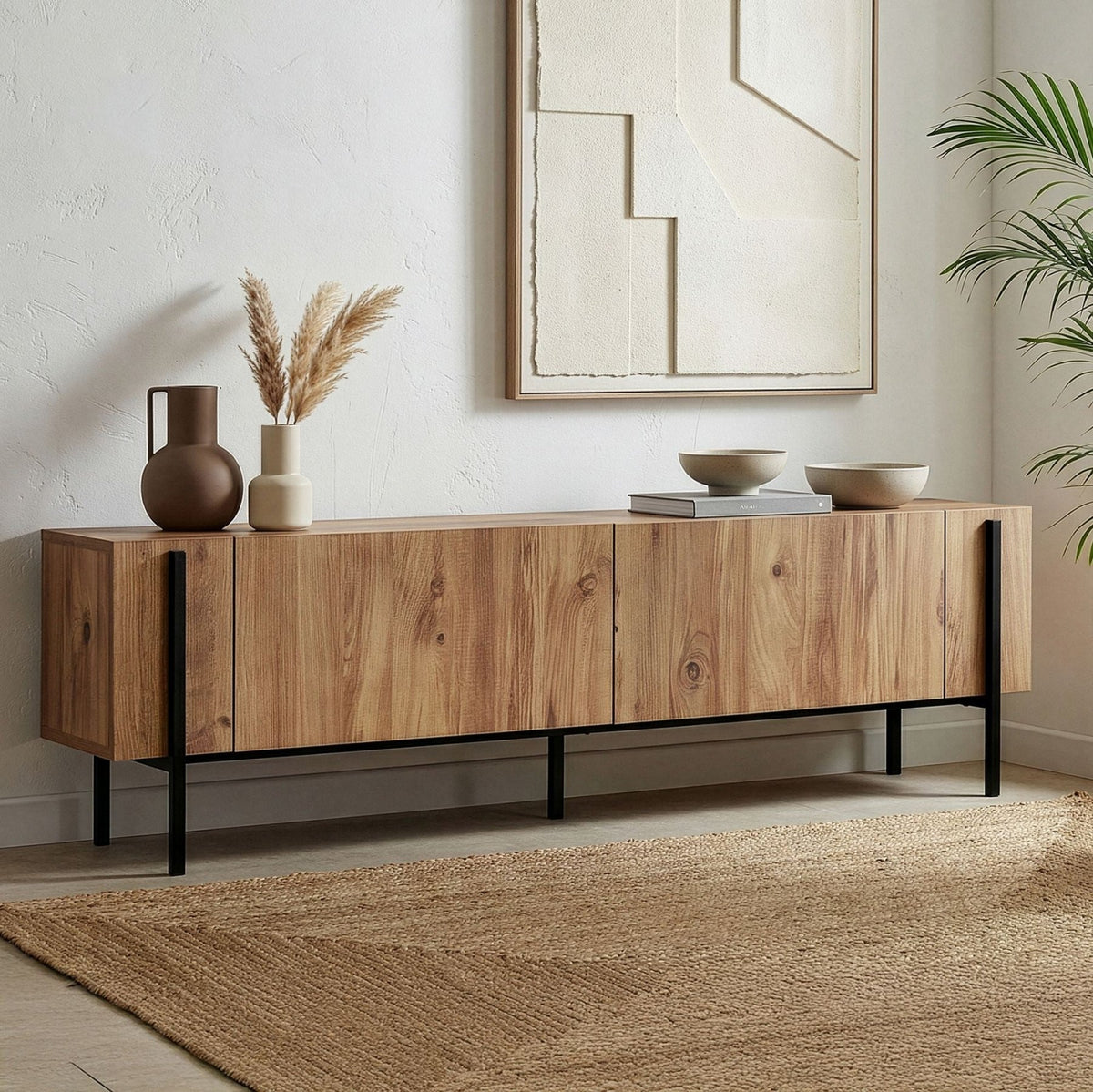 Nexus TV cabinet oak look with black 180 cm Atlantic Pine oak look and black Melamine coated wood composite