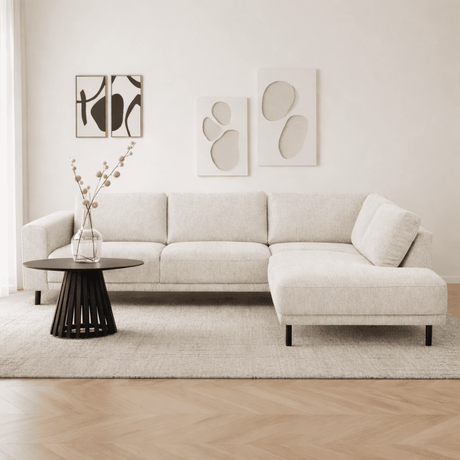Sofas - Modern 3-seater Corner Sofa Right Beige Fabric Aniko with Lounger 240x197x78 cm - Dimehouse