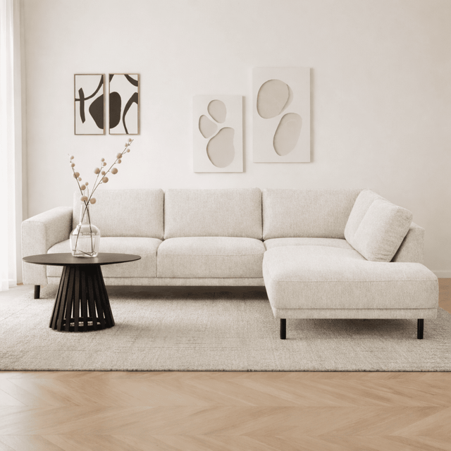 Sofas - Modern 3-seater Corner Sofa Right Beige Fabric Aniko with Lounger 240x197x78 cm - Dimehouse