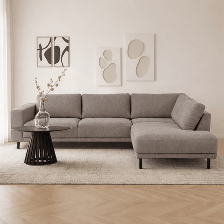 Sofas - Modern 3-seater Corner Sofa Right Taupe Fabric Aniko with Lounger 240x197x78 cm - Dimehouse
