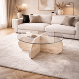 Coffee tables - Round coffee table Aris travertine melamine and transparent glass 75 cm - Dimehouse