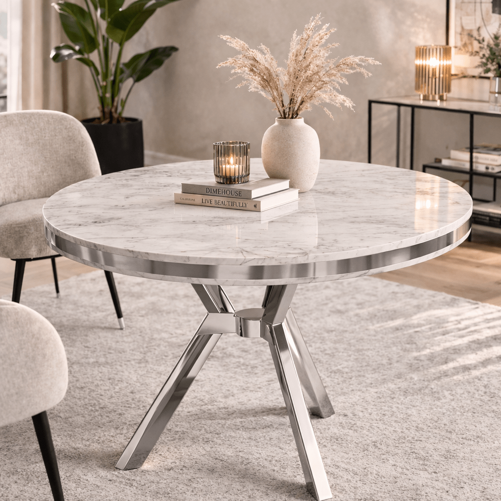 Dining tables - Dining table white round marble look with chrome - 90 cm diameter - Moss - Dimehouse