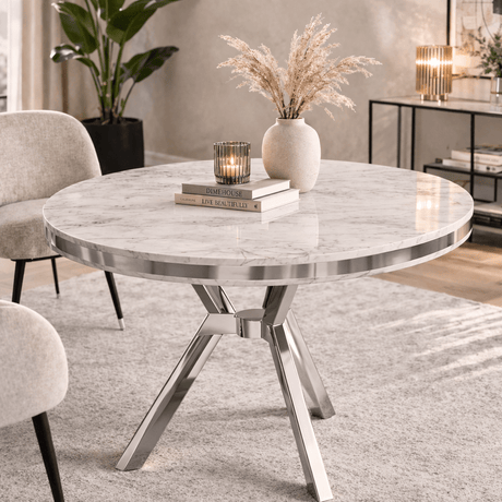 Dining tables - Dining table white round marble look with chrome - 90 cm diameter - Moss - Dimehouse