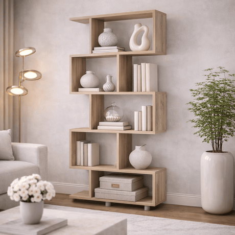 Bookcases - S - shaped bookcase oak melamine Elif 90x156x20 cm - Dimehouse