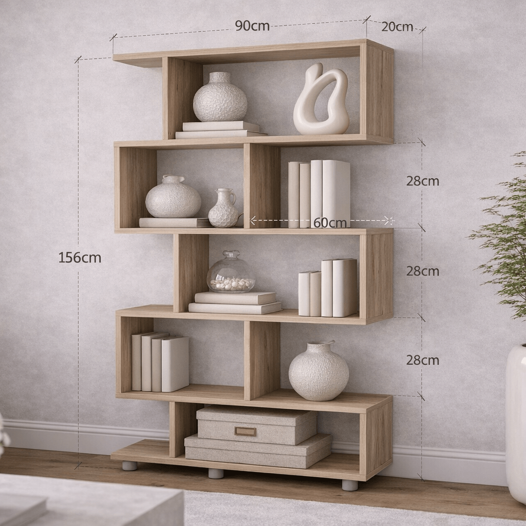 Bookcases - S - shaped bookcase oak melamine Elif 90x156x20 cm - Dimehouse