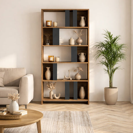 Bookcases - Asymmetrical bookcase anthracite walnut melamine Lima 90x180x20 cm - Dimehouse