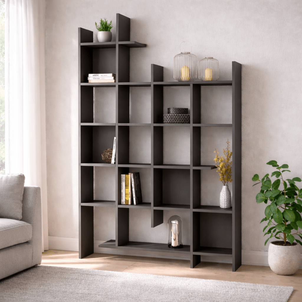Bookcases - Bookcase anthracite melamine Manco 122x188x25.5 cm - Dimehouse