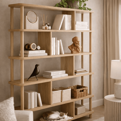 Bookcases - Japandi bookcase pine wood melamine Meta 120x168.5x28 cm - Dimehouse