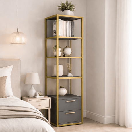 Bookcases - Bookcase Robbins Gold Gold Anthracite Melamine 39x160x39 cm - Dimehouse