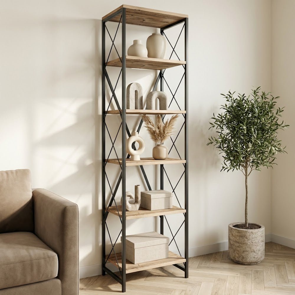 Bookcases - Bookcase Suadiye Atlantic Pine Black Melamine 50x180x30 cm - Dimehouse