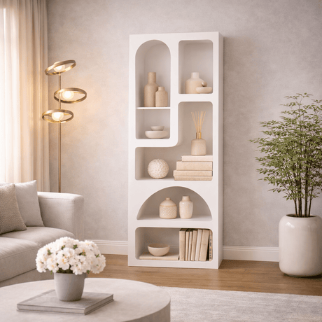 Bookcases - Bookcase with organic shapes white melamine Nolen 60x150x32 cm - Dimehouse