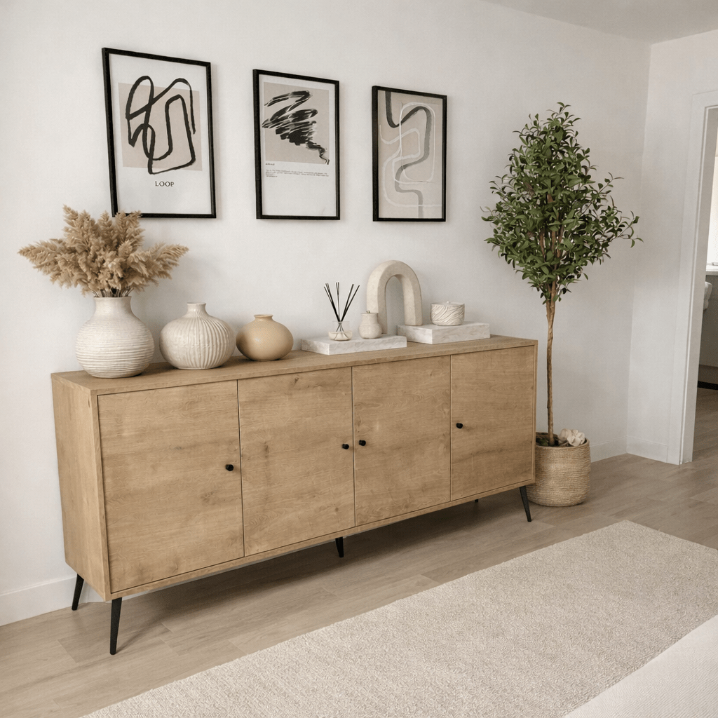 Sideboards - Calvin Sideboard Oak look with soft - close 180 cm Melamine - Four doors - Dimehouse