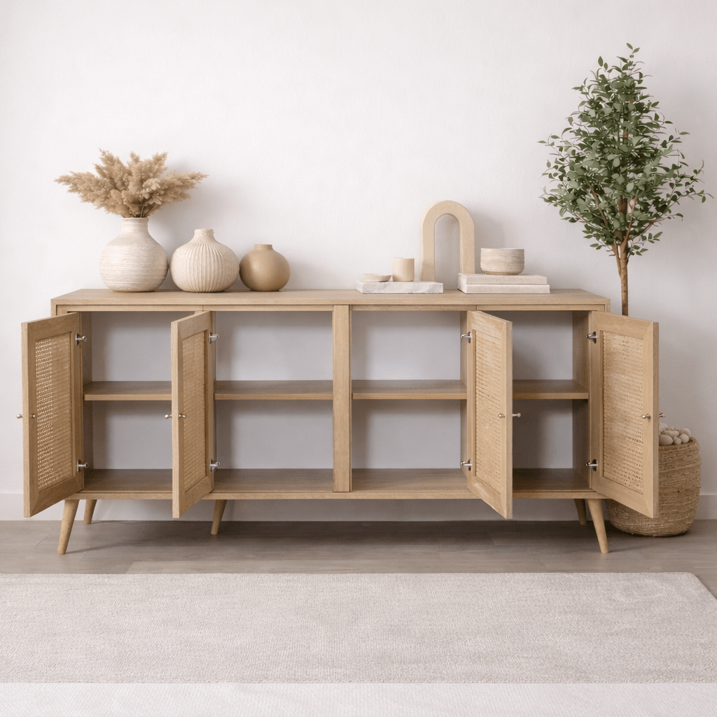 Sideboards - Calvin Sideboard Rattan - Oak look with soft - close 180 cm Melamine - Dimehouse