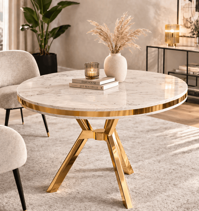 Dining tables - Dining table white round marble look with gold - 90 cm diameter - Moss - Dimehouse