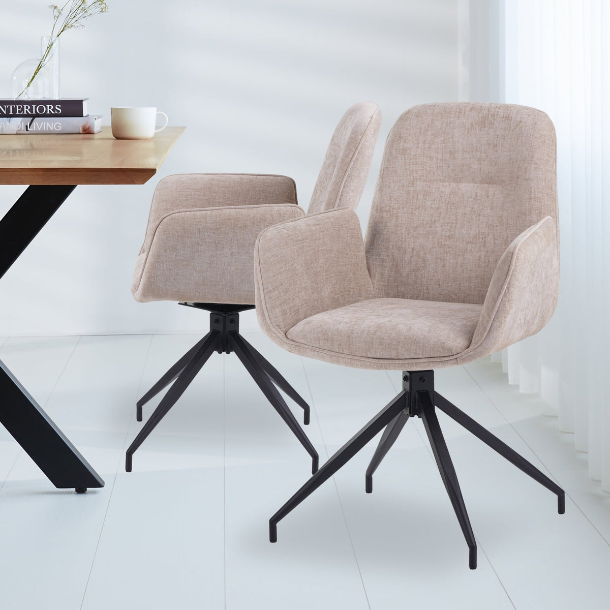 Dining room chairs - Swivel dining room chair Nela Chenille Beige - With Armrests - Dimehouse