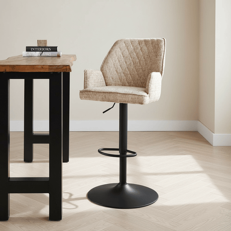 Swivel Bar Stool Beige Novan Chenille Fabric - Adjustable - With Armrests atmospheric photo in a modern interior