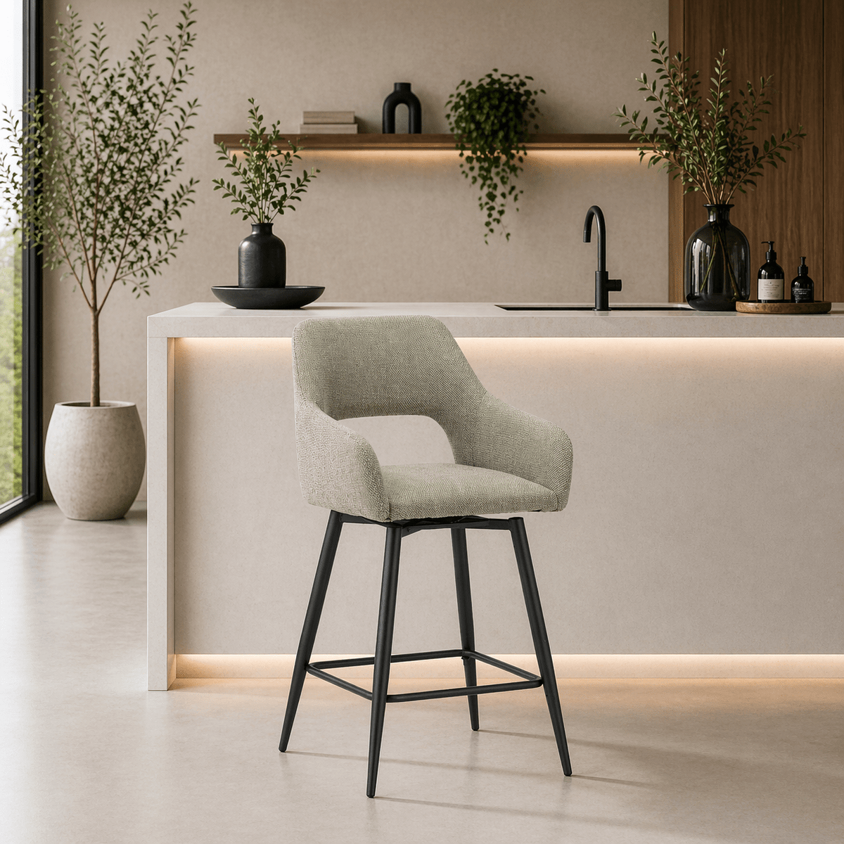Bar Stools - Swivel Bar Stool Green Fabric Skye - Seat Height 67 cm - With Armrests - Dimehouse