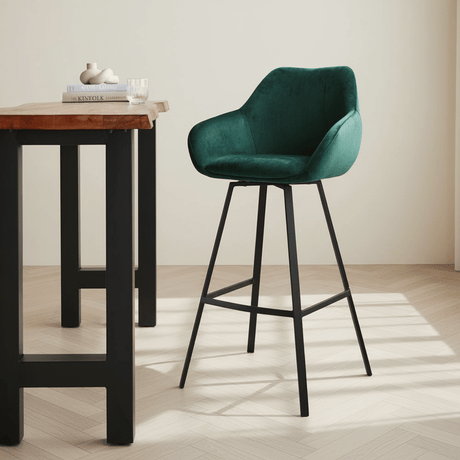 Swivel Bar Stool Green Velvet Elise - With Armrest - Seat height 79 cm atmospheric photo in modern interior
