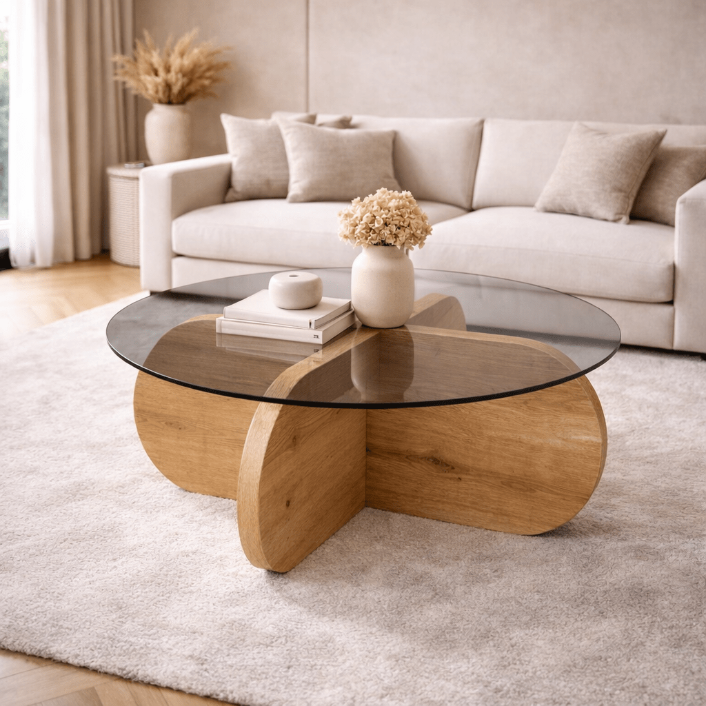 Coffee tables - Round coffee table Aris oak look melamine and smoked glass 75 cm - Dimehouse
