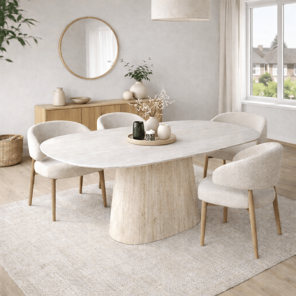 Dining tables - Sintered Stone Marble Look Travertine Dining Table Lea 180x90 cm - Danish Oval - Dimehouse