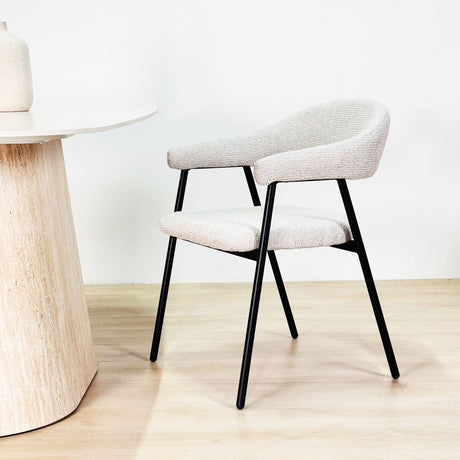 Furniture sets - Complete Furniture Set: Lea Dining Table Sintered Stone Marble Look Travertine - Oak Frame + 4x Lisa Dining Room Chairs Bouclé Beige - Dimehouse