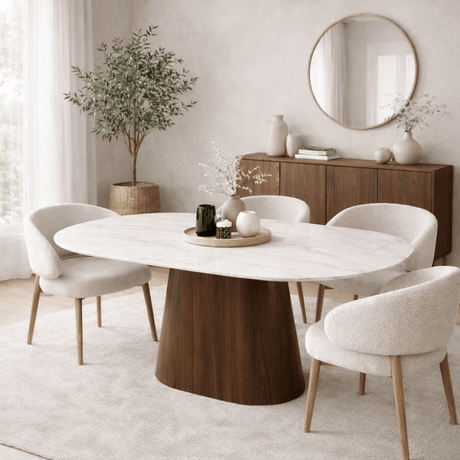 Dining tables - Dining table Sintered Stone Marble look White - Walnut Frame - Danish oval - 180x90 cm - Lea - Dimehouse