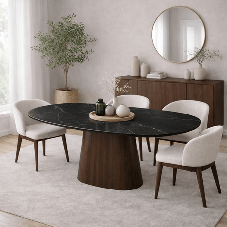Dining tables - Dining table Sintered Stone Marble look Black - Walnut Frame - Danish oval - 180x90 cm - Lea - Dimehouse