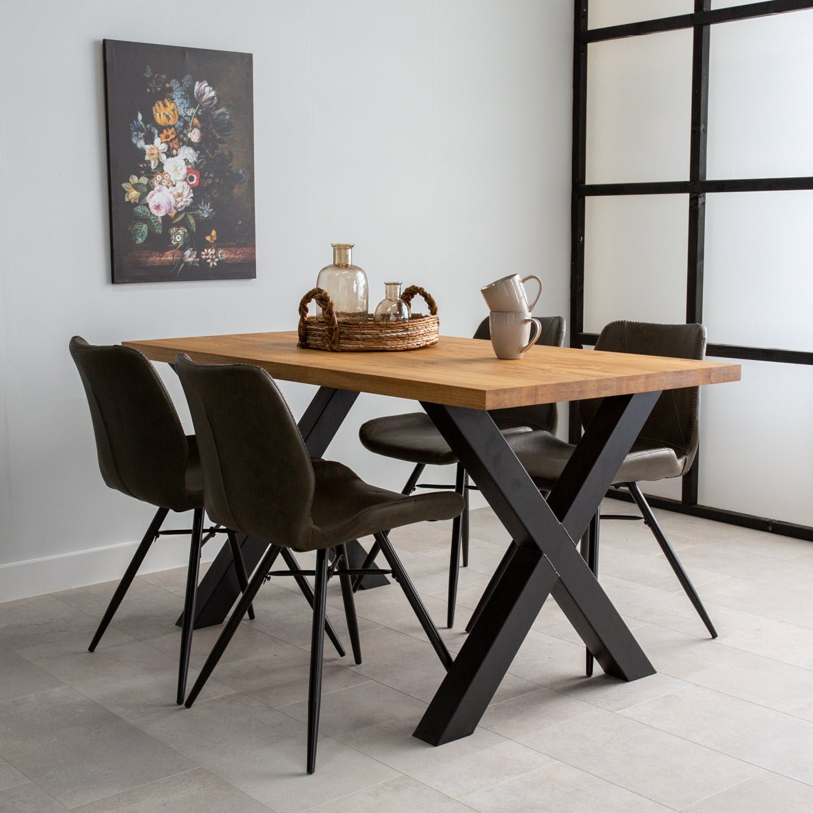 Dining tables - Industrial Dining Table Oak X - Black Rover leg - Dimehouse