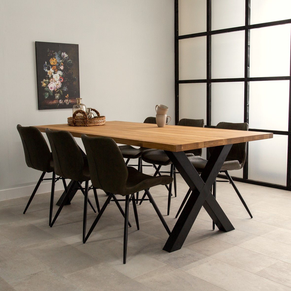 Dining tables - Industrial Dining Table Oak X - Black Rover leg - Dimehouse