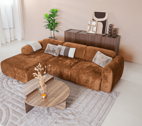 Banken-Hoekbank oker chenille stof - 292x170 cm - Shane - links-Dimehouse